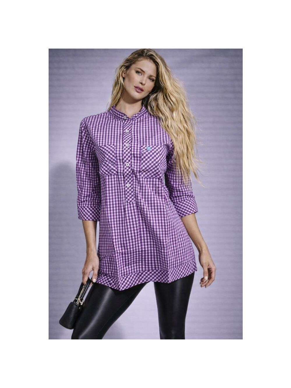 Pennington & Bailes Womens L Purple Gingham Tunic Shirt Long Sleeve Button NWT